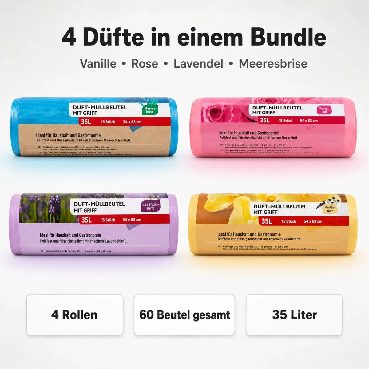 Müllbeutel-Set 35 l mit Tragegriff, 4 Düfte, 60 Beutel