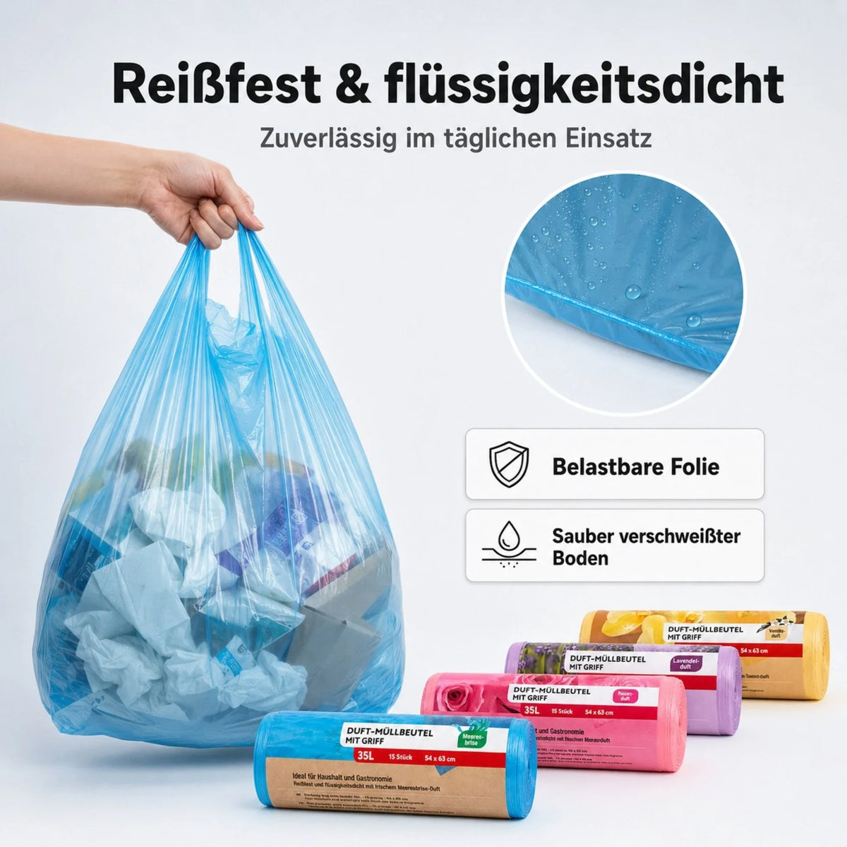 Müllbeutelrolle mit Tragegriff, 35 l, blau, flüssigkeitsdicht, mehrere Beutel gebündelt