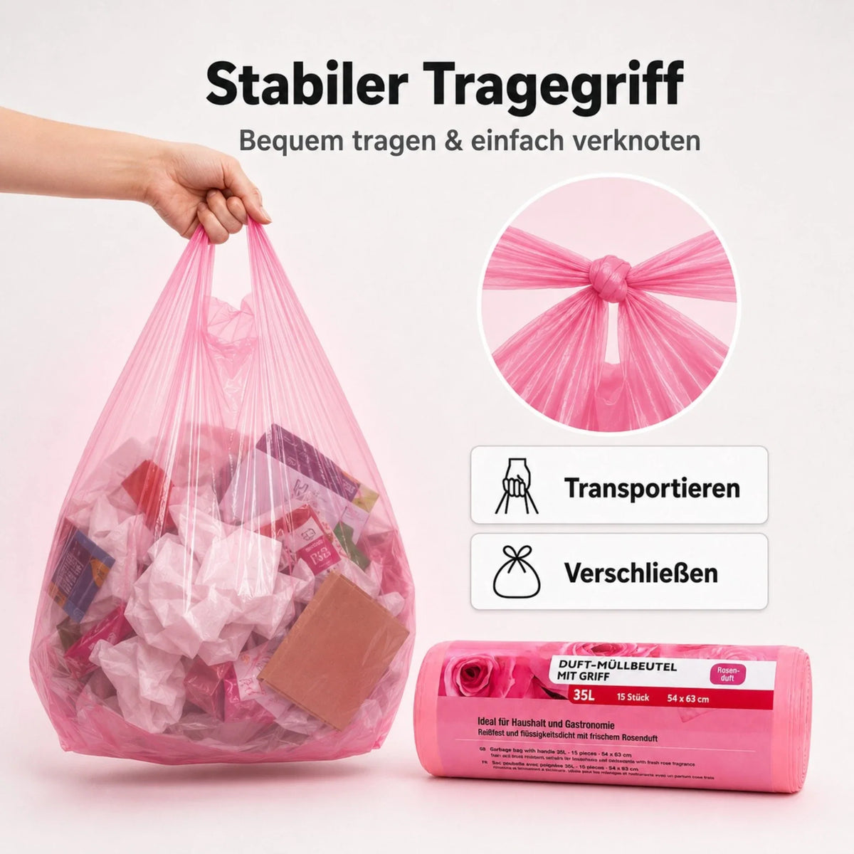 Rosa transparente Müllbeutel mit Tragegriff, 35 l, 60 Stück, Duftbeutel im Set