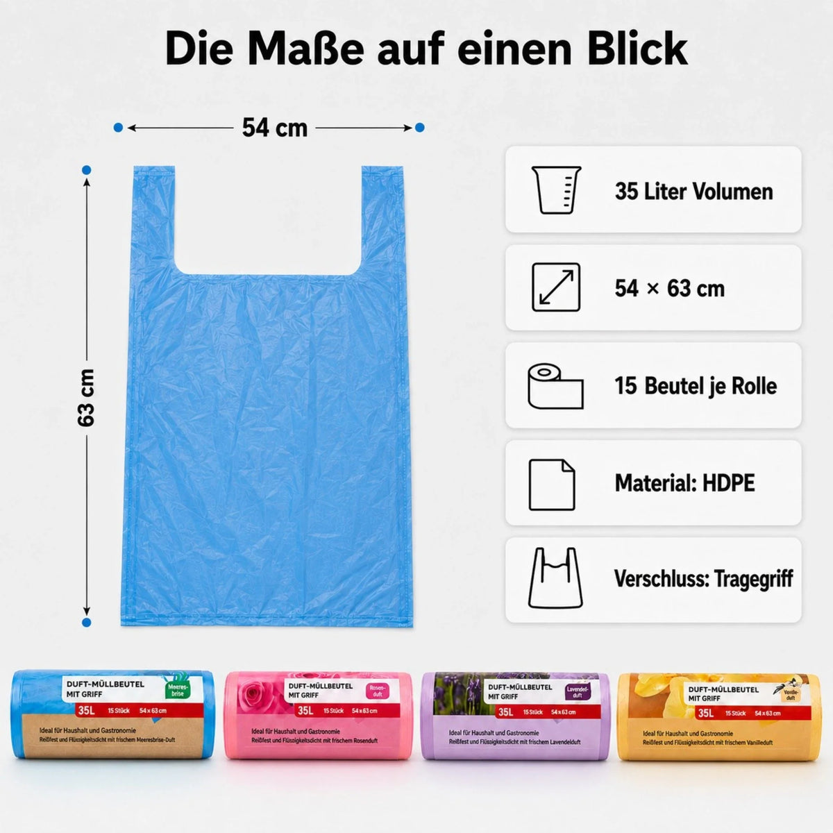35-Liter-Müllbeutel mit Tragegriff, HDPE, blau; 15 Beutel/Rolle, 54×63 cm.