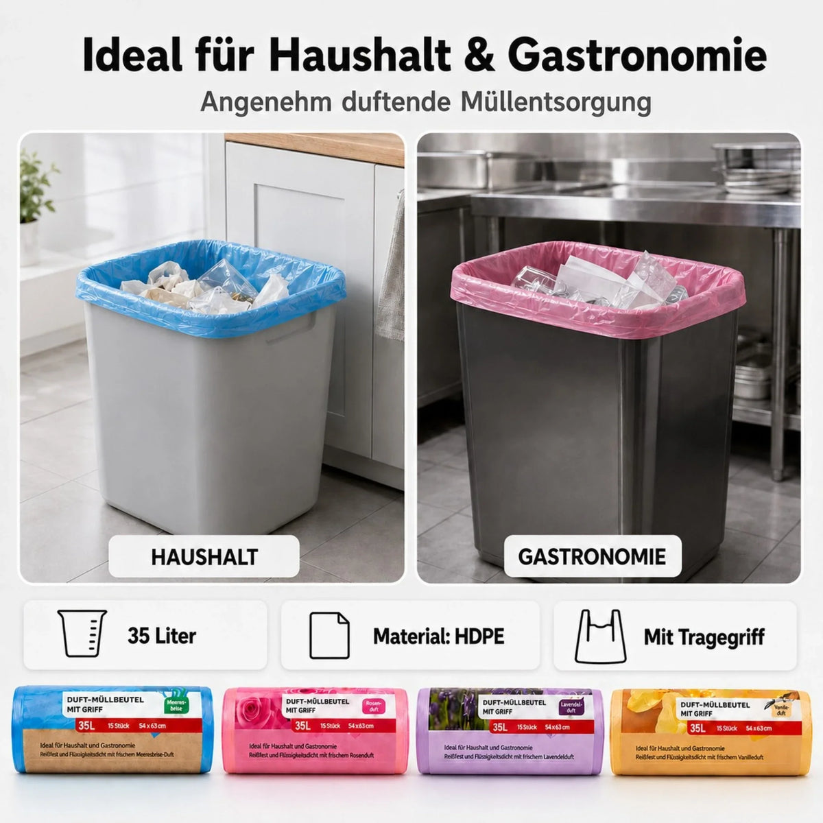 Müllbeutel-Rollen 35 l mit Tragegriff, HDPE, Set mit mehreren Farben