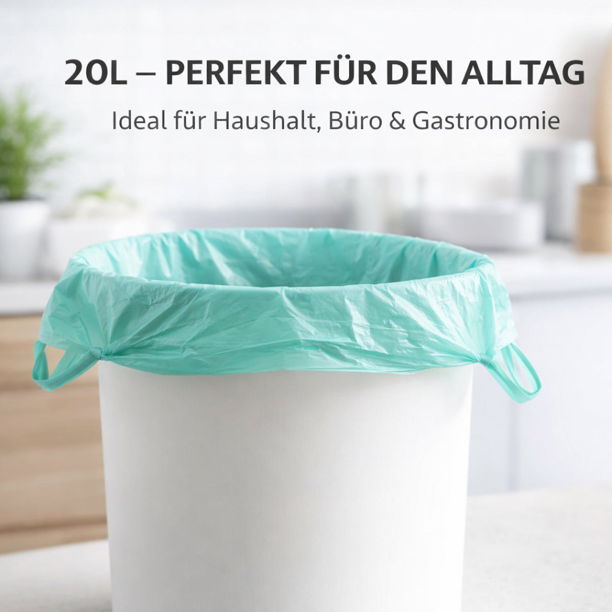 Müllbeutel 20 l mit Tragegriff, mintgrün, als offener Beutel mit Schlaufen