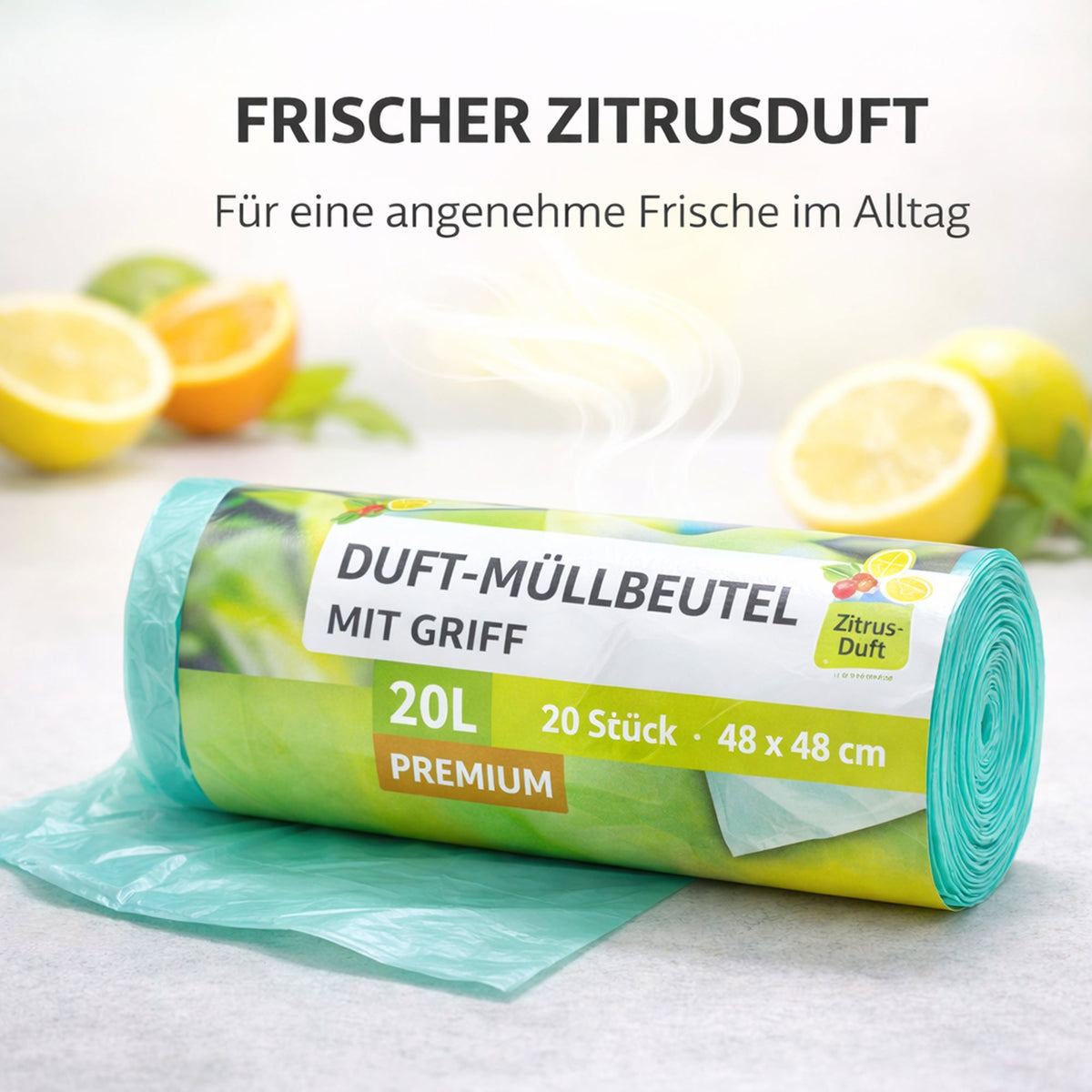 Duft-Müllbeutel mit Tragegriff, 20 l, mintgrün, Premium-Rolle mit Zitronenmotiv