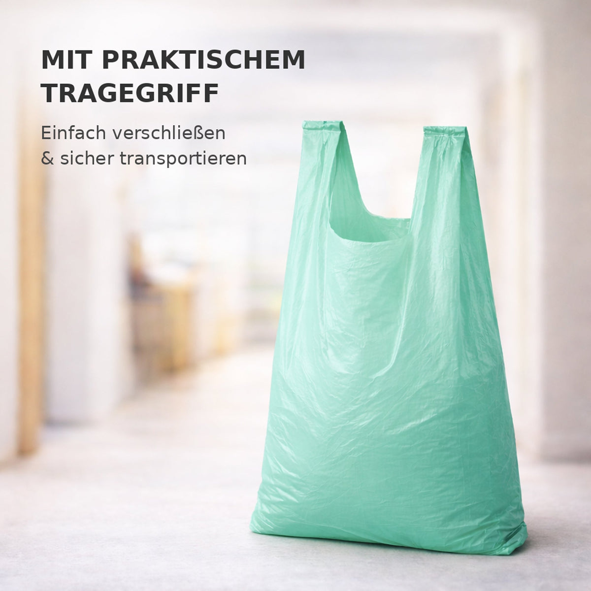 Müllbeutel mit Tragegriff, 20 l, mintgrün, standfester Beutel mit U-förmigen Griffen