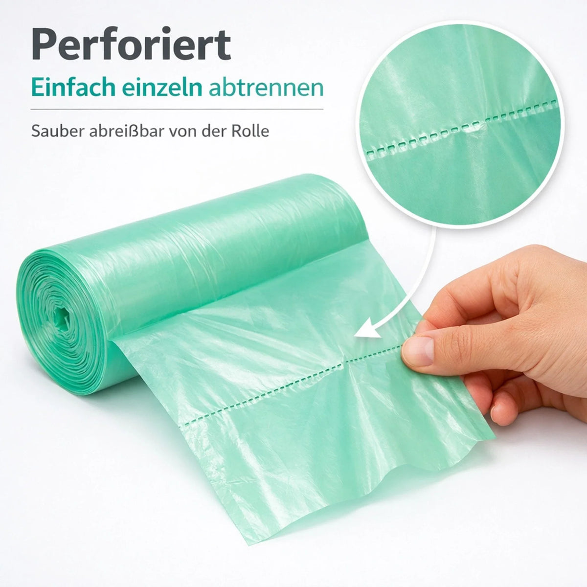 Grüne Müllbeutel-Rolle, perforierte Abreißlinie zum einfachen Einzelnabtrennen