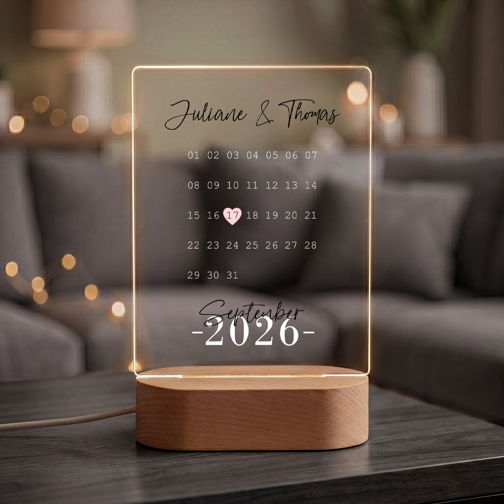 Beleuchtetes Acrylglas - Kalender - Personalisiertes Geschenk mit Namen & Datum
