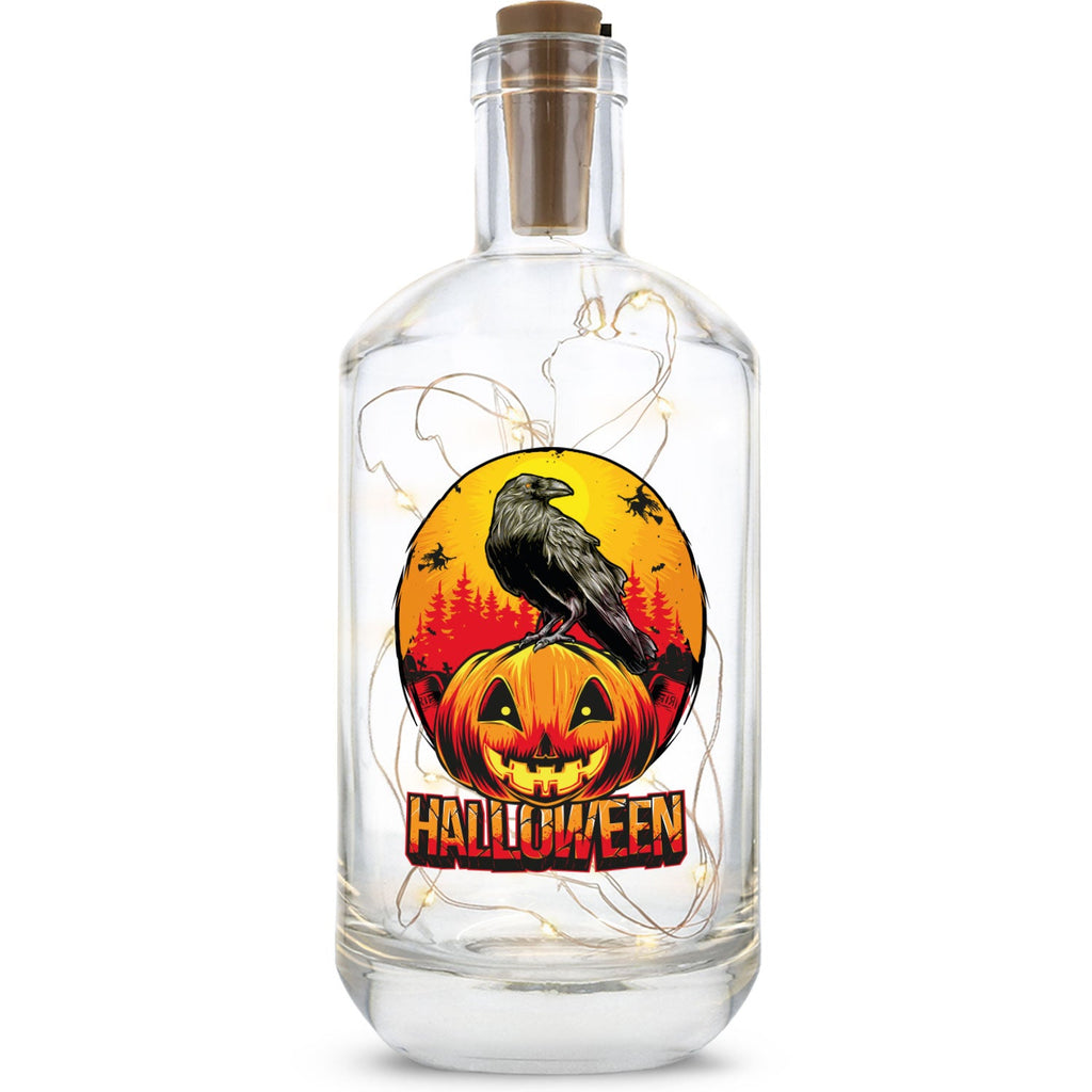 Flaschenlicht mit LED-Lichterkette im Halloween Rabe UV Design