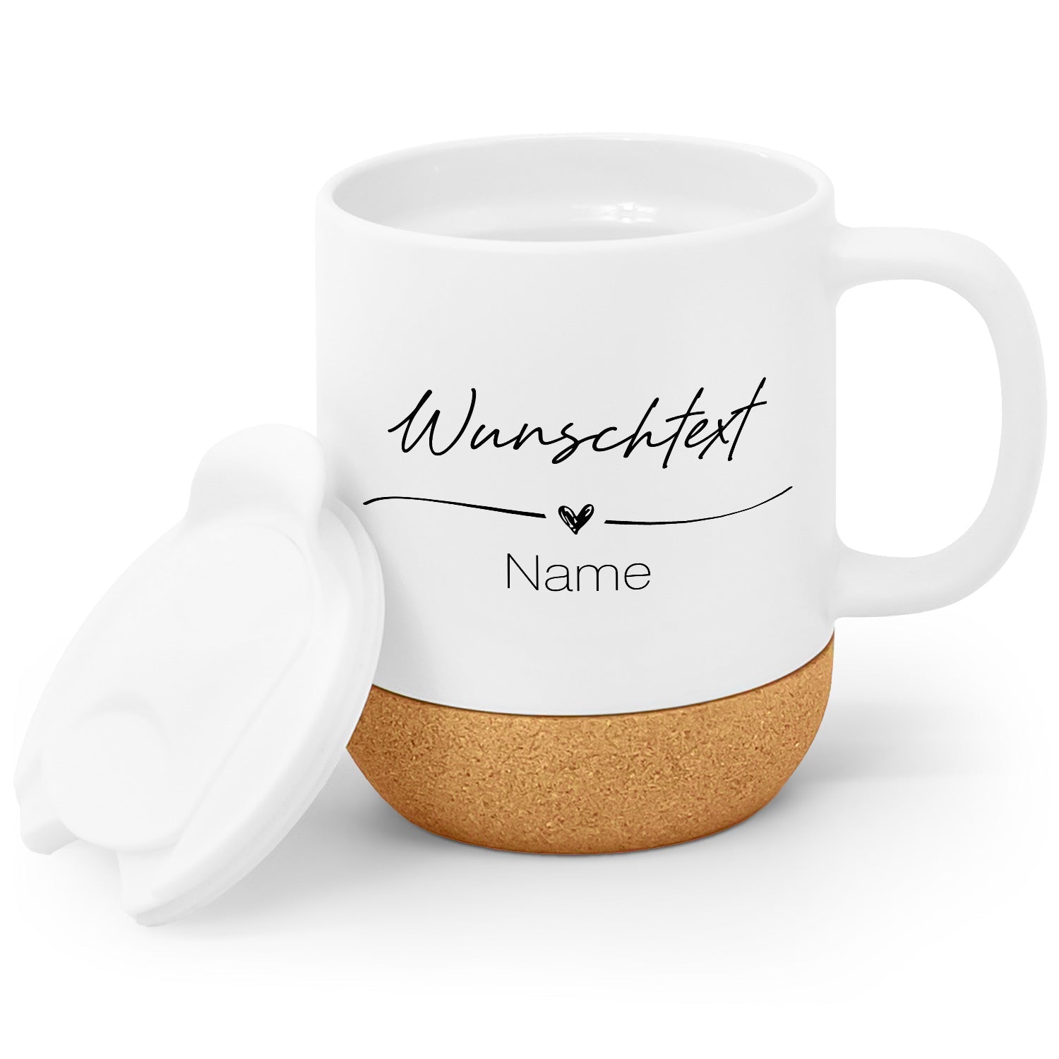 Bedruckte Tasse mit Korksockel & Deckel - Wunschtext V1