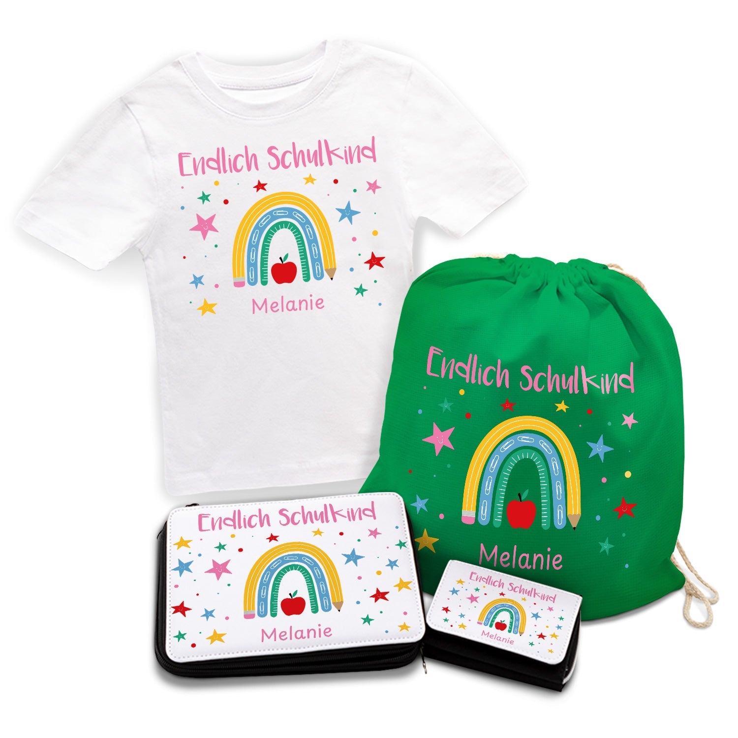 Personalisiertes Schulset - Regenbogen - mit T-Shirt, Sportbeutel,  Federmappe & Geldbörse