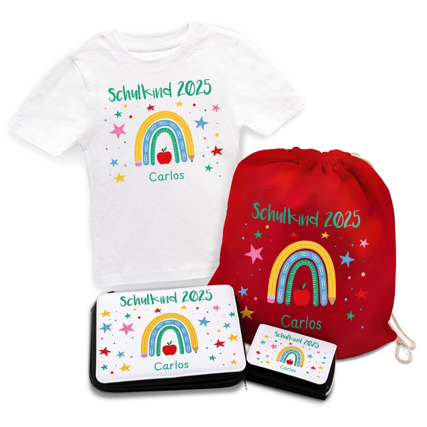Personalisiertes Schulset - Regenbogen - mit T-Shirt, Sportbeutel,  Federmappe & Geldbörse