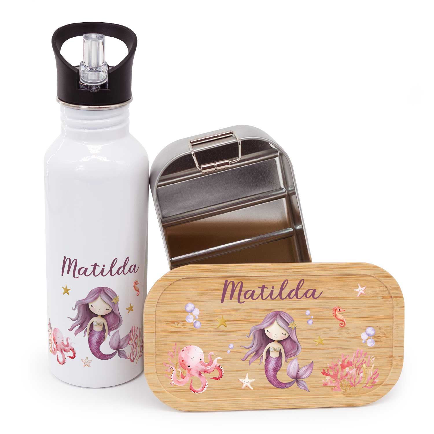Bedruckte Brotdose & Trinkflasche im Set - Meerjungfrau