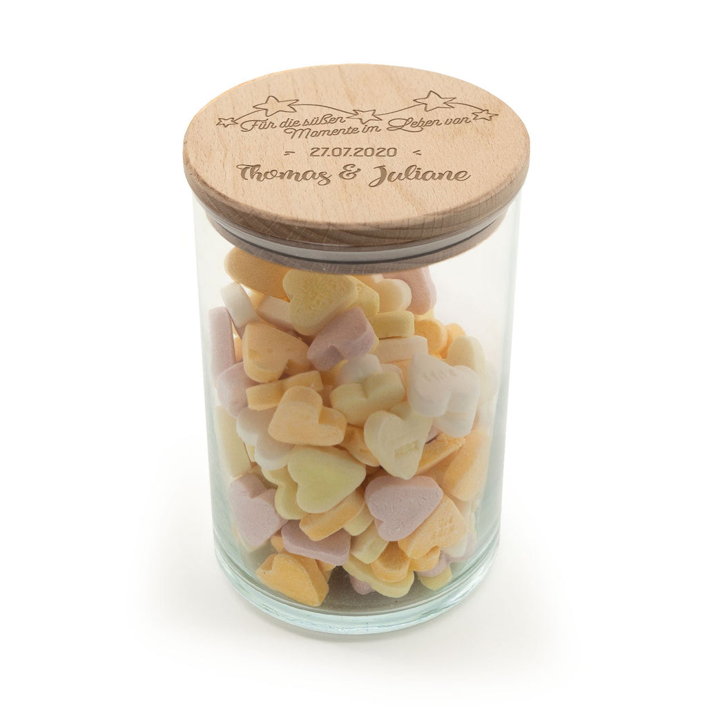Graviertes Vorratsglas mit Holzdeckel - Zur Hochzeit
