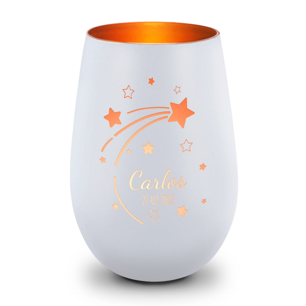 Deko Windlicht aus Glas mit Gravur - Sternschnuppe - Personalisiert mit Namen & Datum