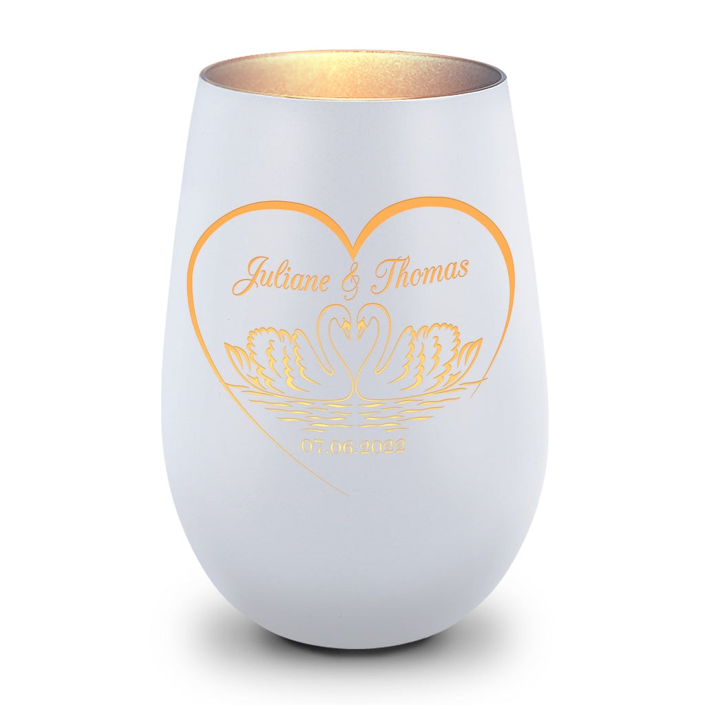 Deko Windlicht aus Glas mit Gravur - Schwanenherz - Personalisiert mit Namen & Datum