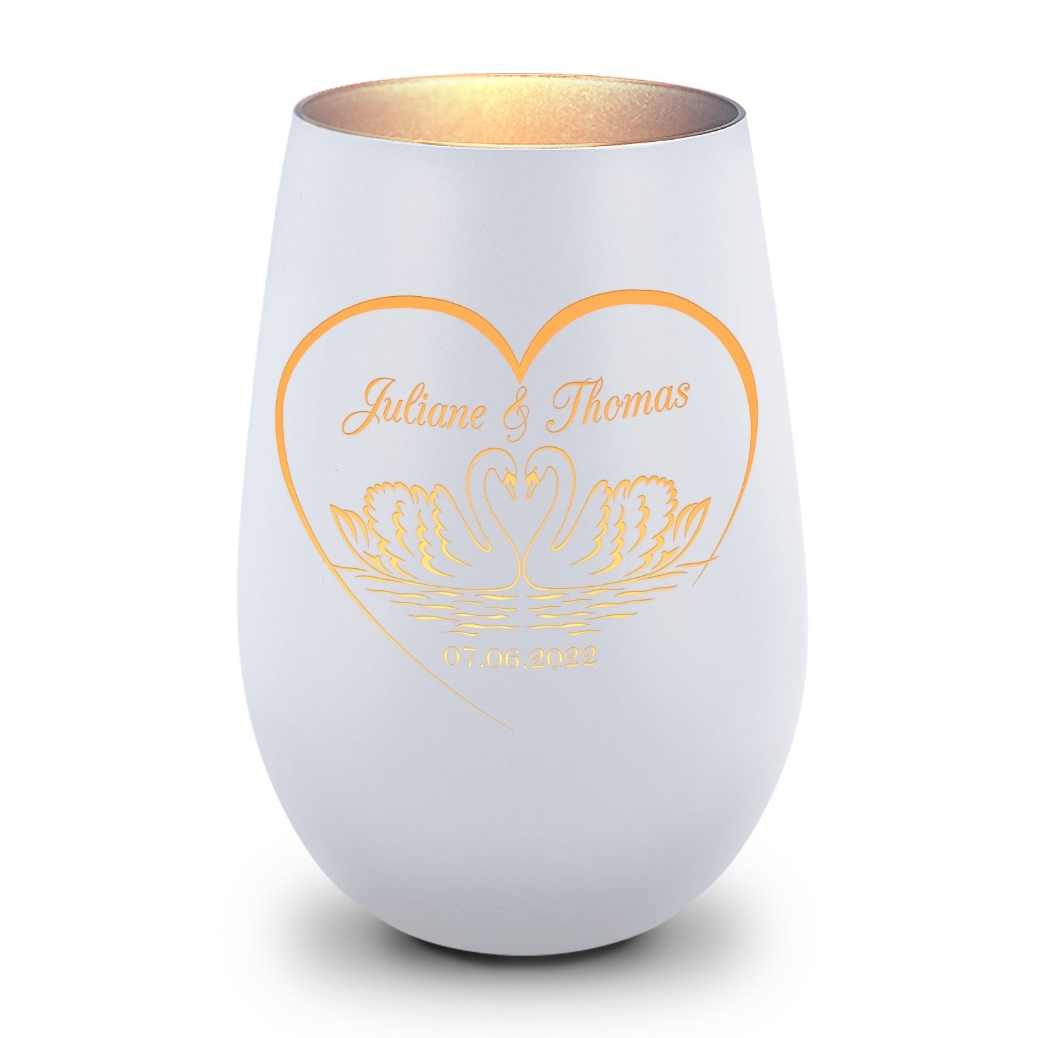 Deko Windlicht aus Glas mit Gravur - Schwanenherz - Personalisiert mit Namen & Datum