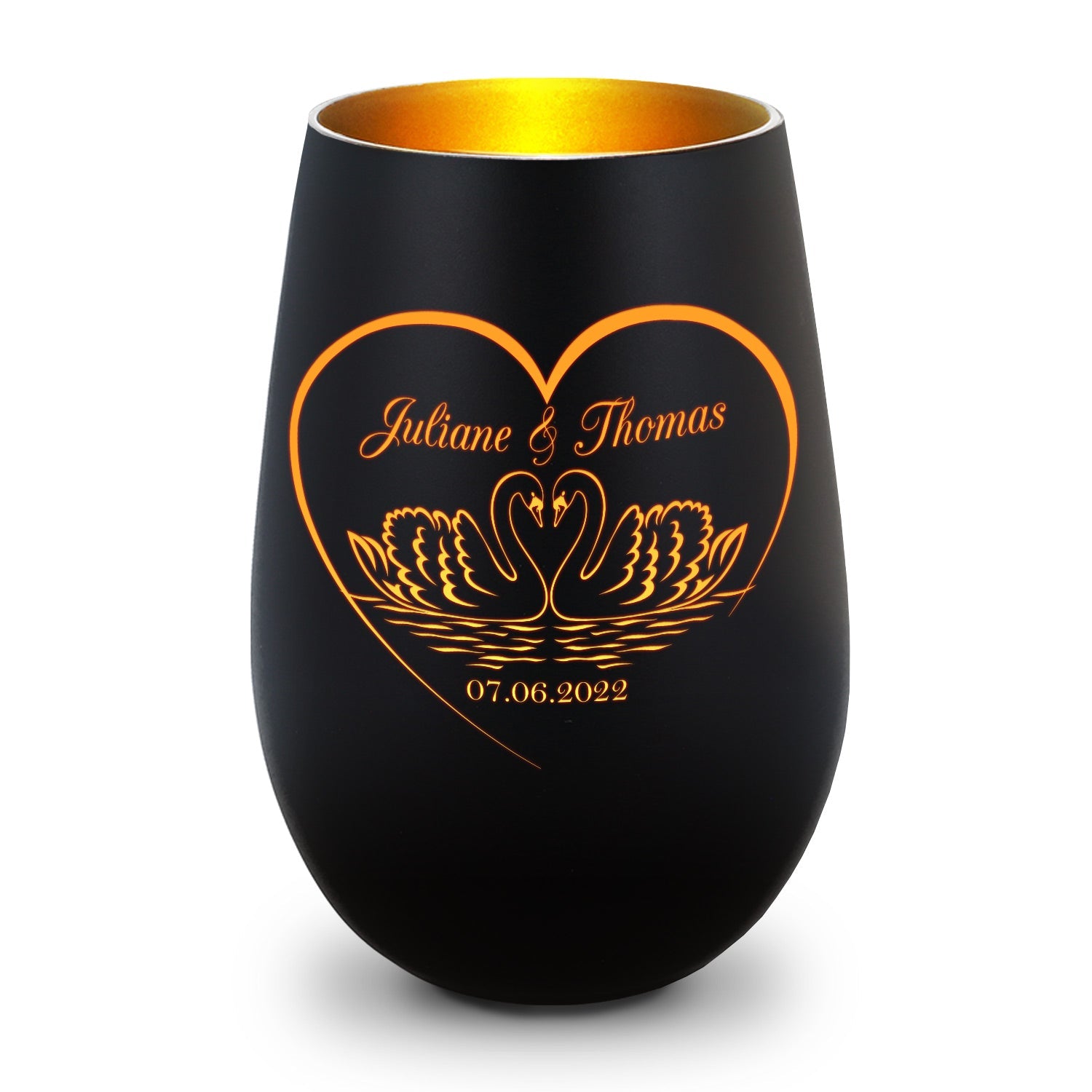 Deko Windlicht aus Glas mit Gravur - Schwanenherz - Personalisiert mit Namen & Datum