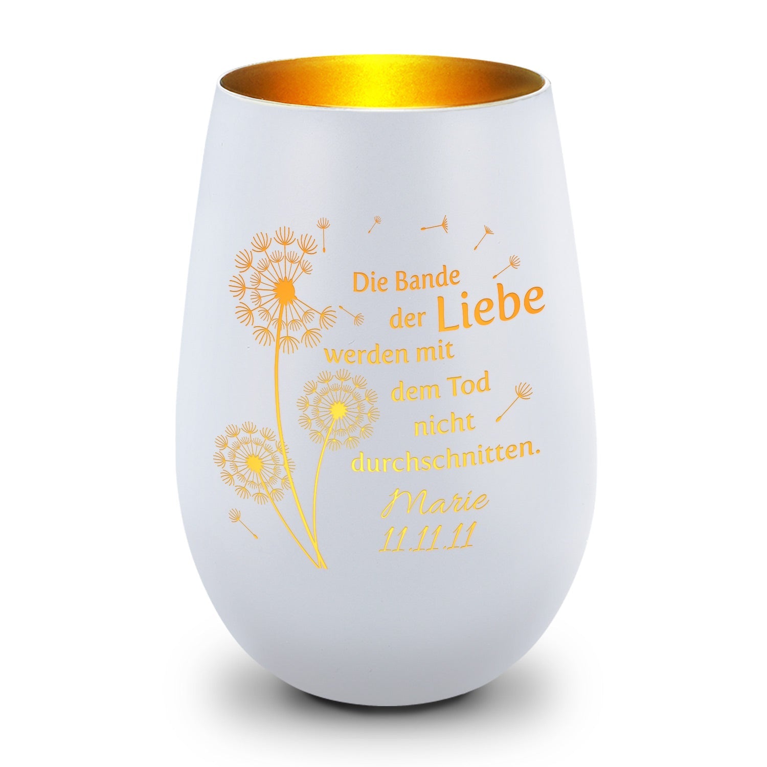 Deko Windlicht aus Glas mit Gravur - Pusteblumen - Personalisiert mit Namen & Datum