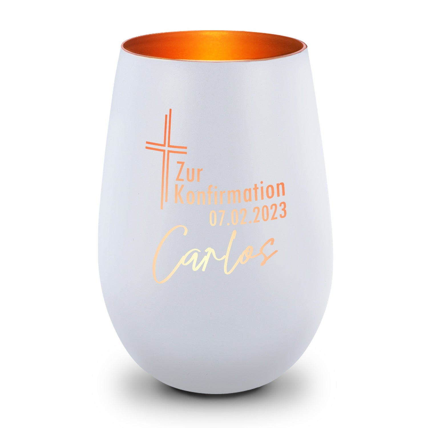 Deko Windlicht mit Gravur - Kreuz Design - Zur Kommunion Konfirmation oder Taufe - Mit Namen & Datum