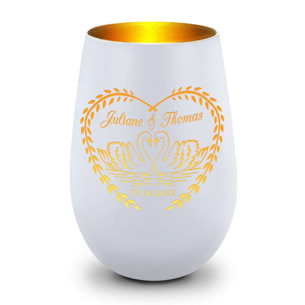 Deko Windlicht aus Glas mit Gravur - Schwanenherz v2 - Personalisiert mit Namen & Datum