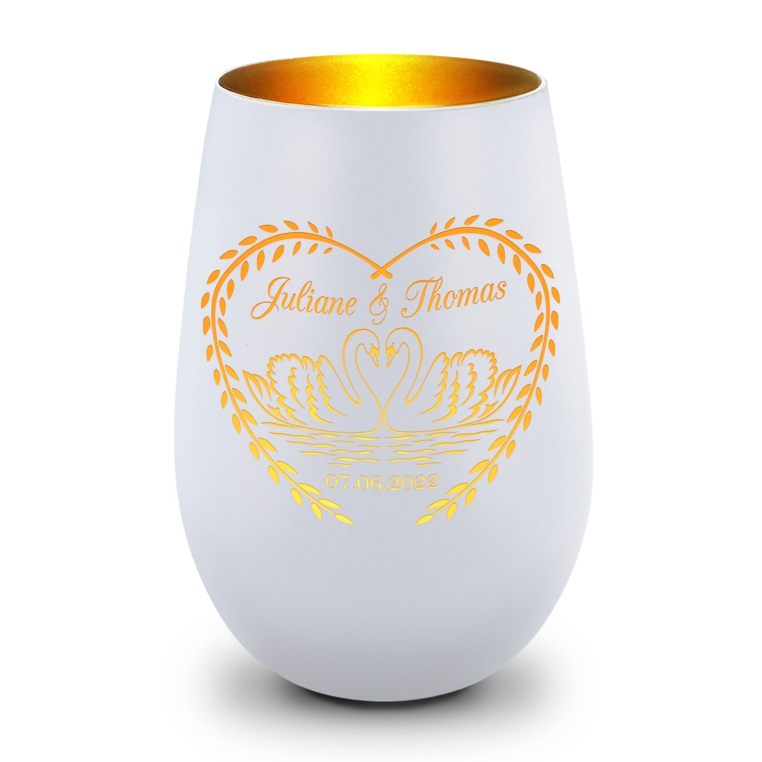 Deko Windlicht aus Glas mit Gravur - Schwanenherz v2 - Personalisiert mit Namen & Datum