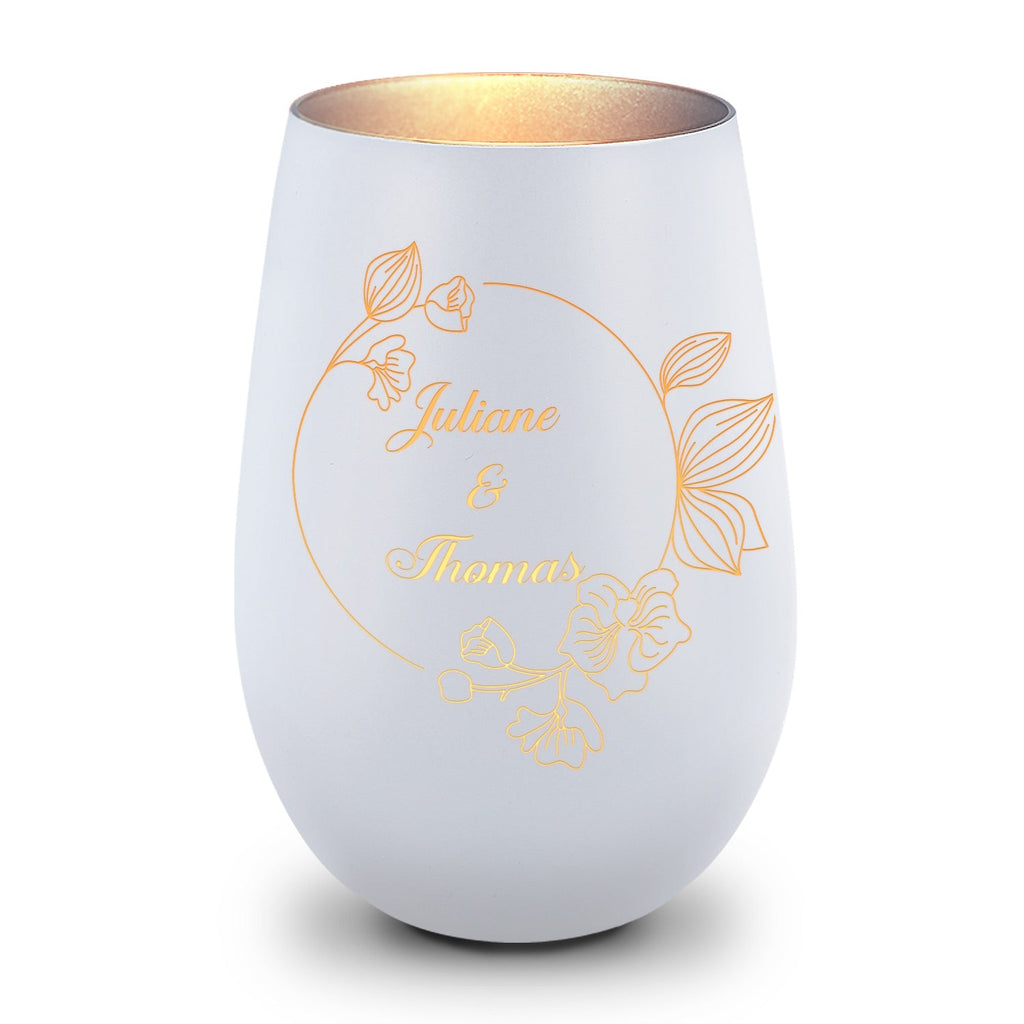 Deko Windlicht aus Glas mit Gravur - Nature Circle Flower - Personalisiert mit Namen