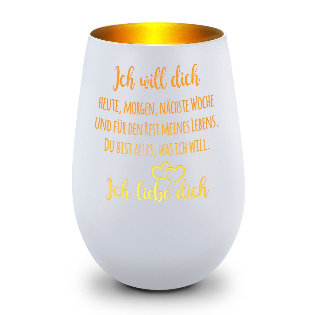 Deko Windlicht aus Glas mit Gravur - Ich will dich heute, morgen