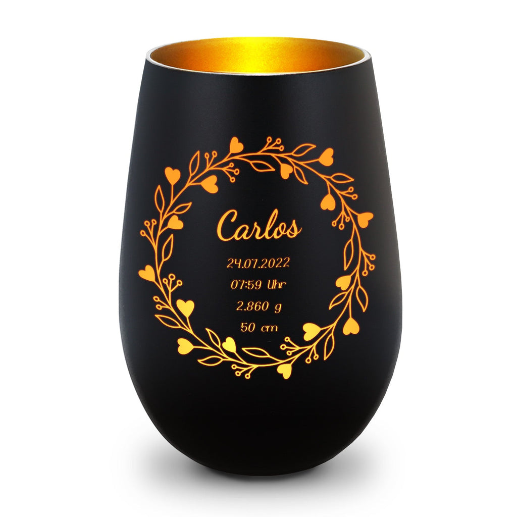 Deko Windlicht aus Glas mit Gravur - Geschenk zur Geburt - Personalisiert mit Namen