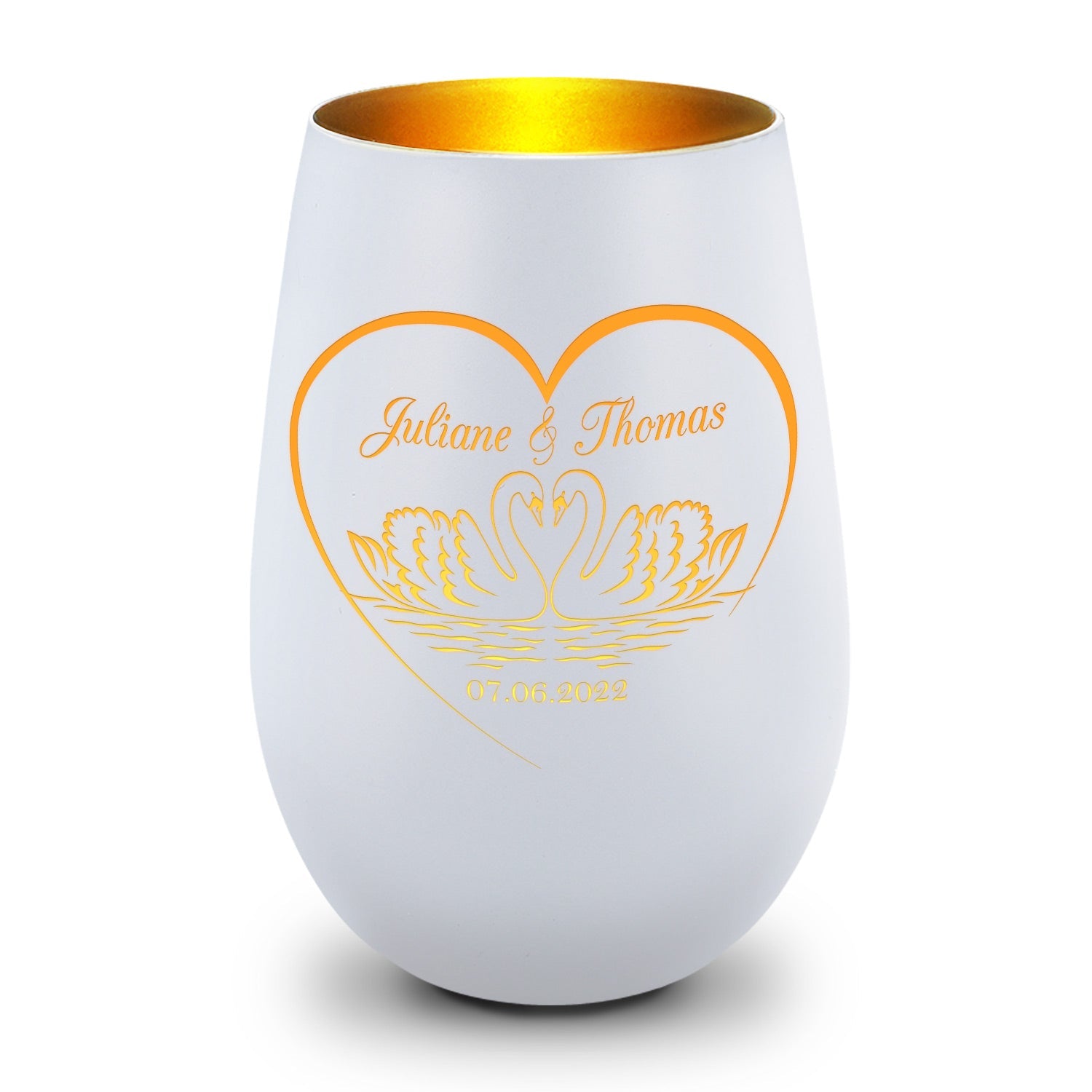 Deko Windlicht aus Glas mit Gravur - Schwanenherz - Personalisiert mit Namen & Datum