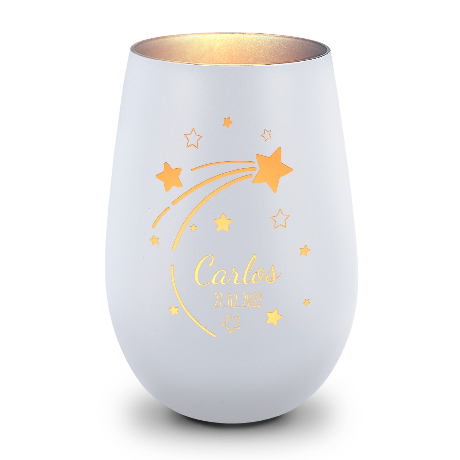 Deko Windlicht aus Glas mit Gravur - Sternschnuppe - Personalisiert mit Namen & Datum