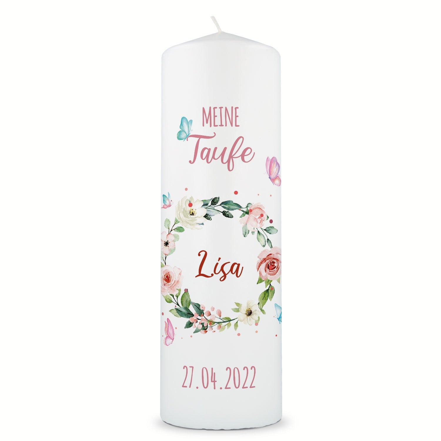 Große Kerze "Blumenkranz" - Taufkerze mit Namen & Datum