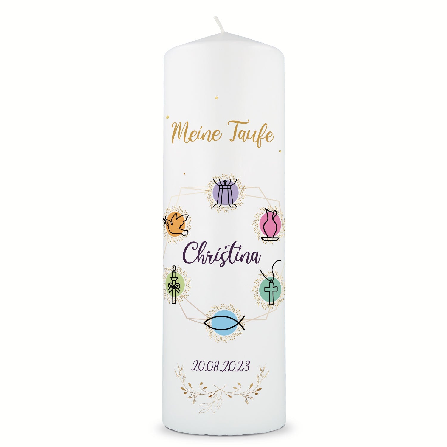 Große Kerze "Christliche Symbole" - Taufkerze mit Namen, Datum & Wunschtext
