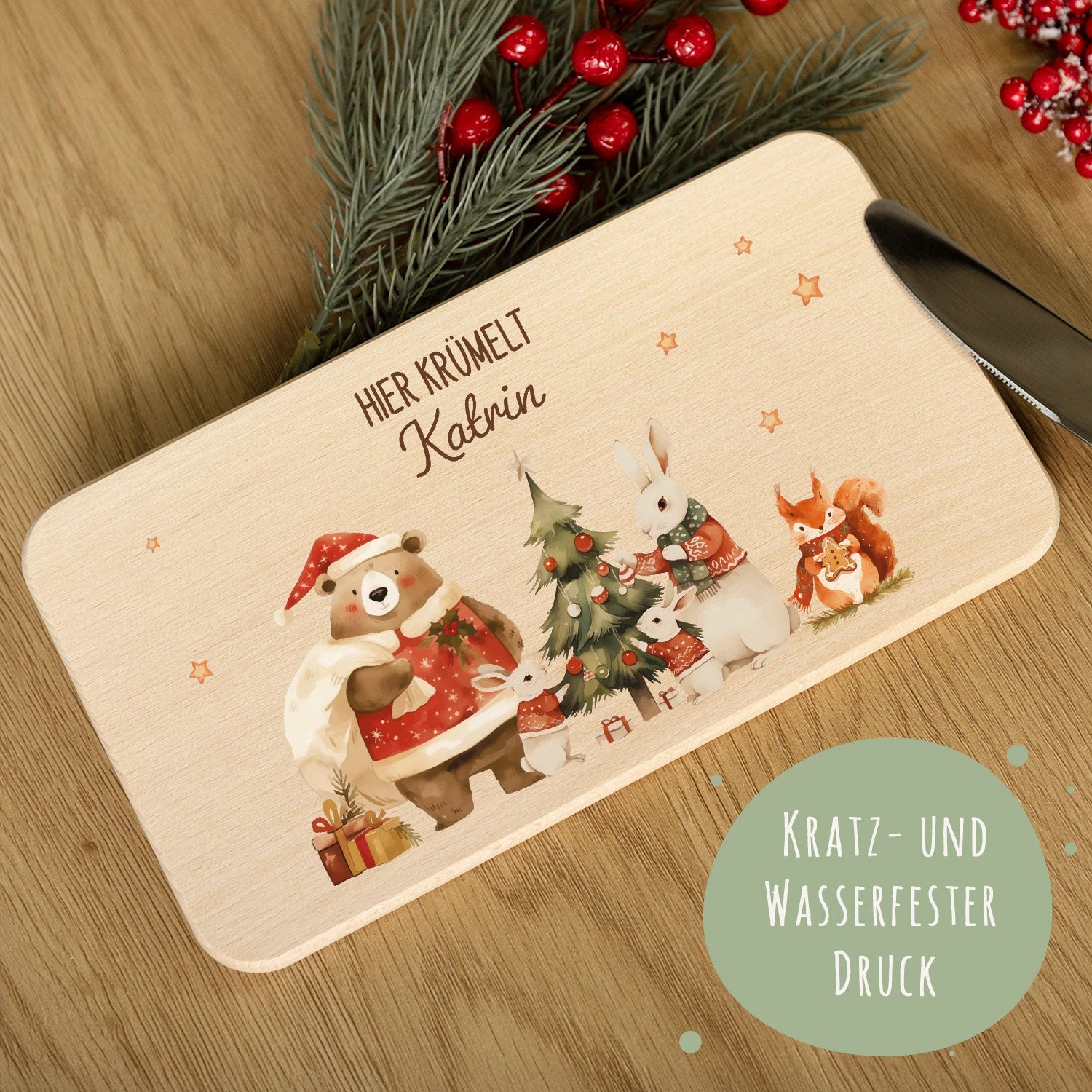 Frühstücksbrettchen zu Weihnachten - Pullovertiere - personalisiert mit Name