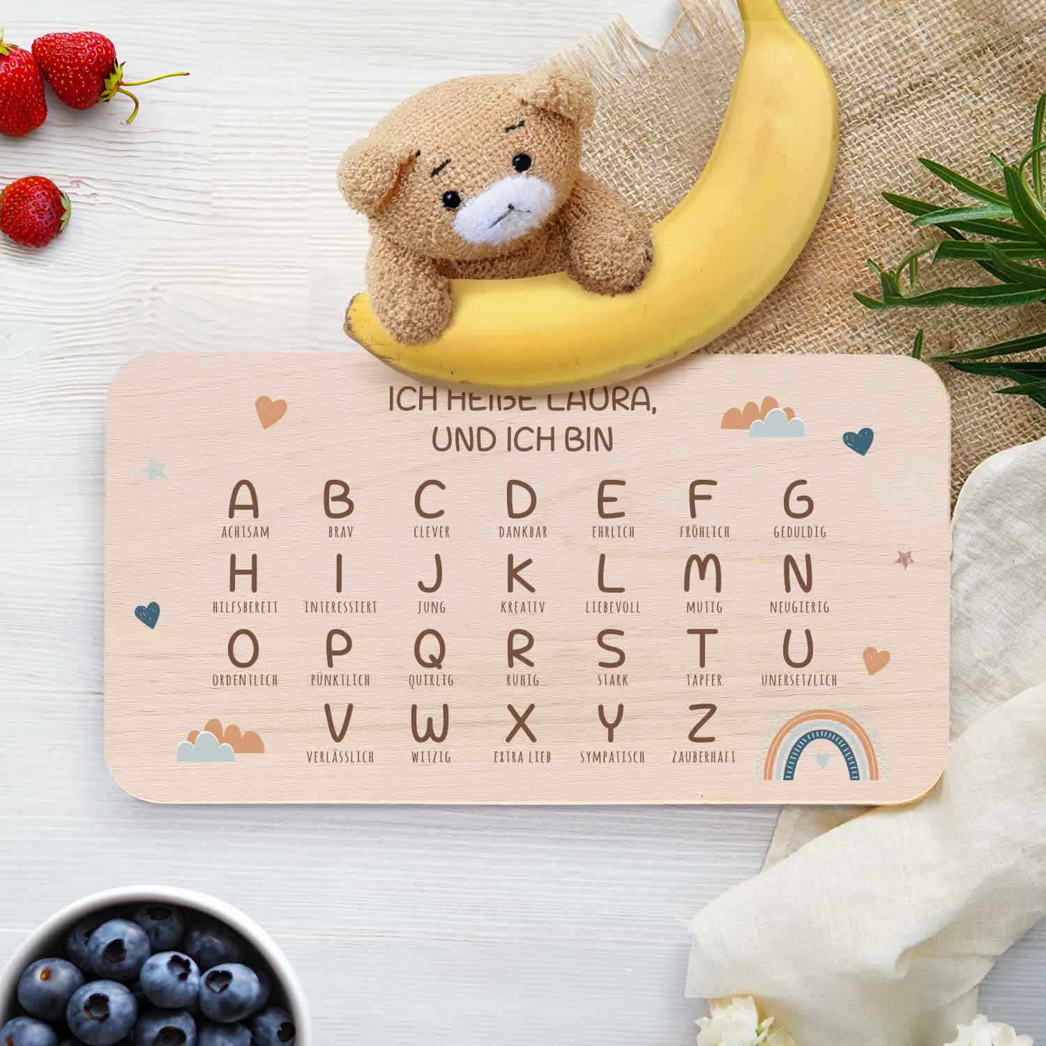 Frühstücksbrettchen mit Druckmotiv & Name - ABC Regenbogen