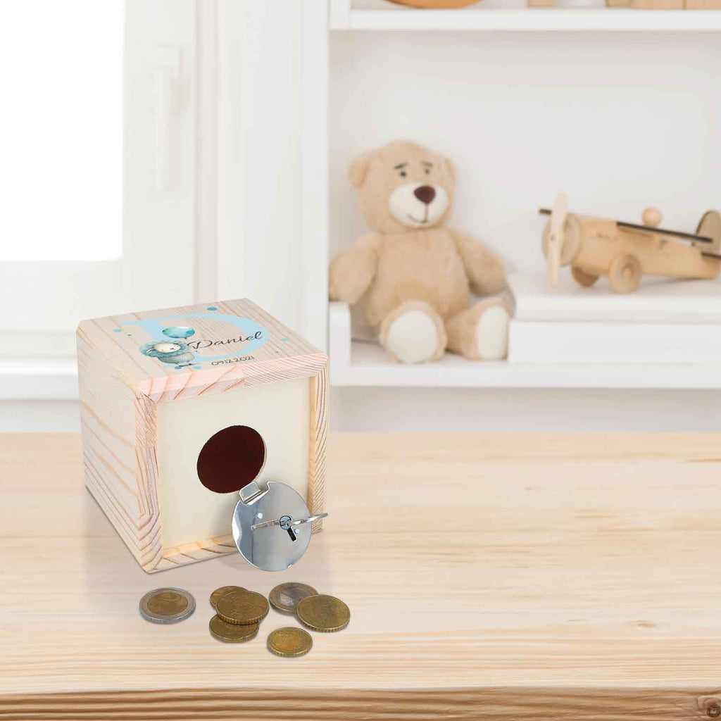 Spardose aus Holz - Tiermotive mit Monogramm