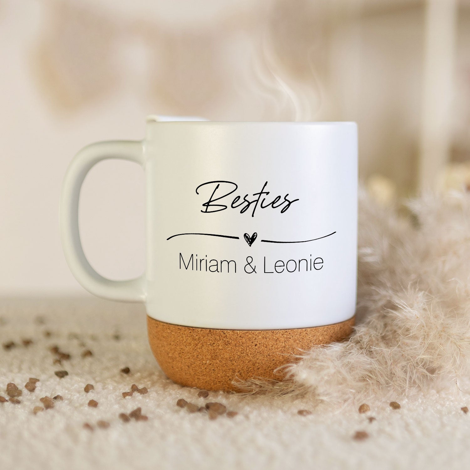 Bedruckte Tasse mit Korksockel & Deckel - Wunschtext V1