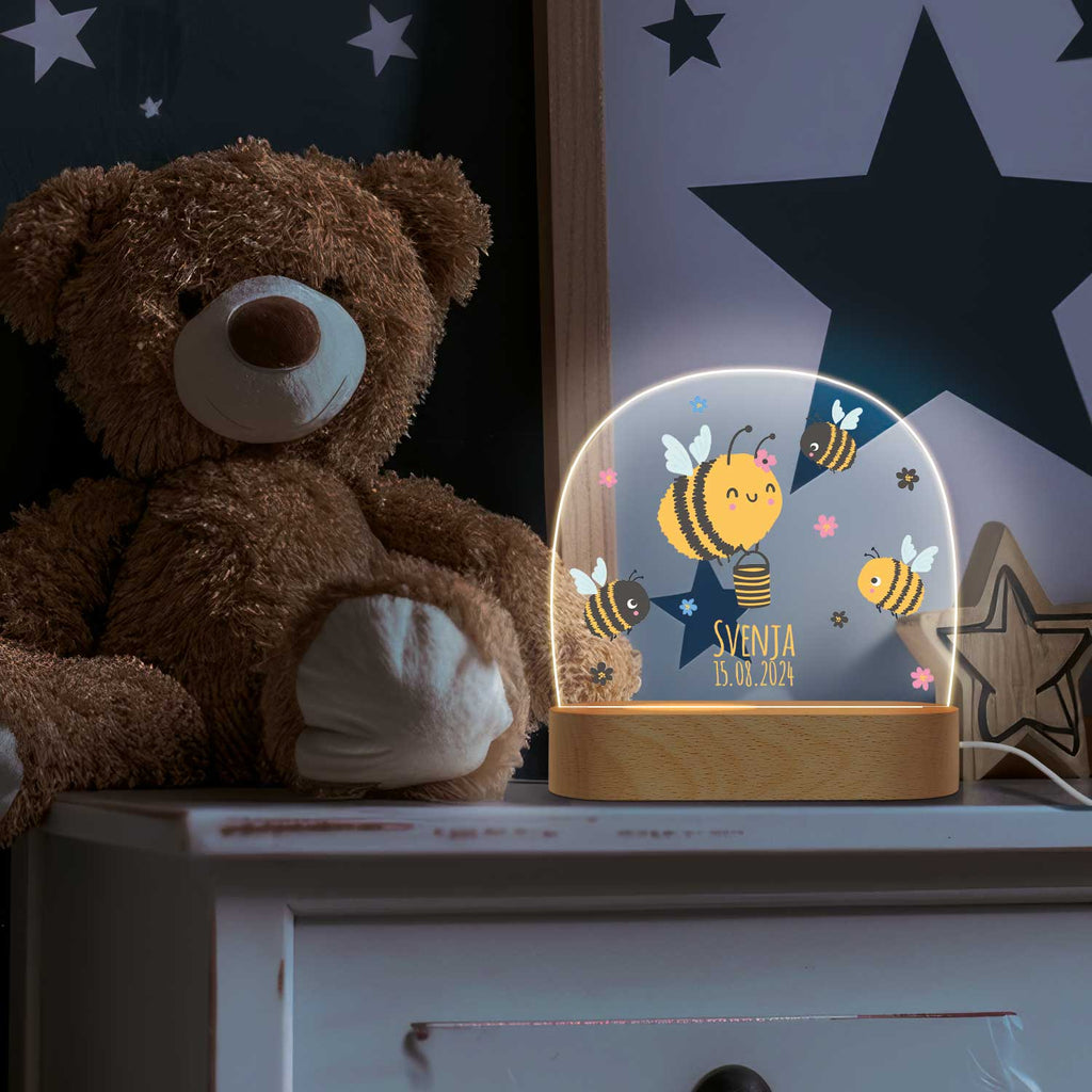 Kinder LED Nachtlicht mit Sockel aus Holz im Biene Design