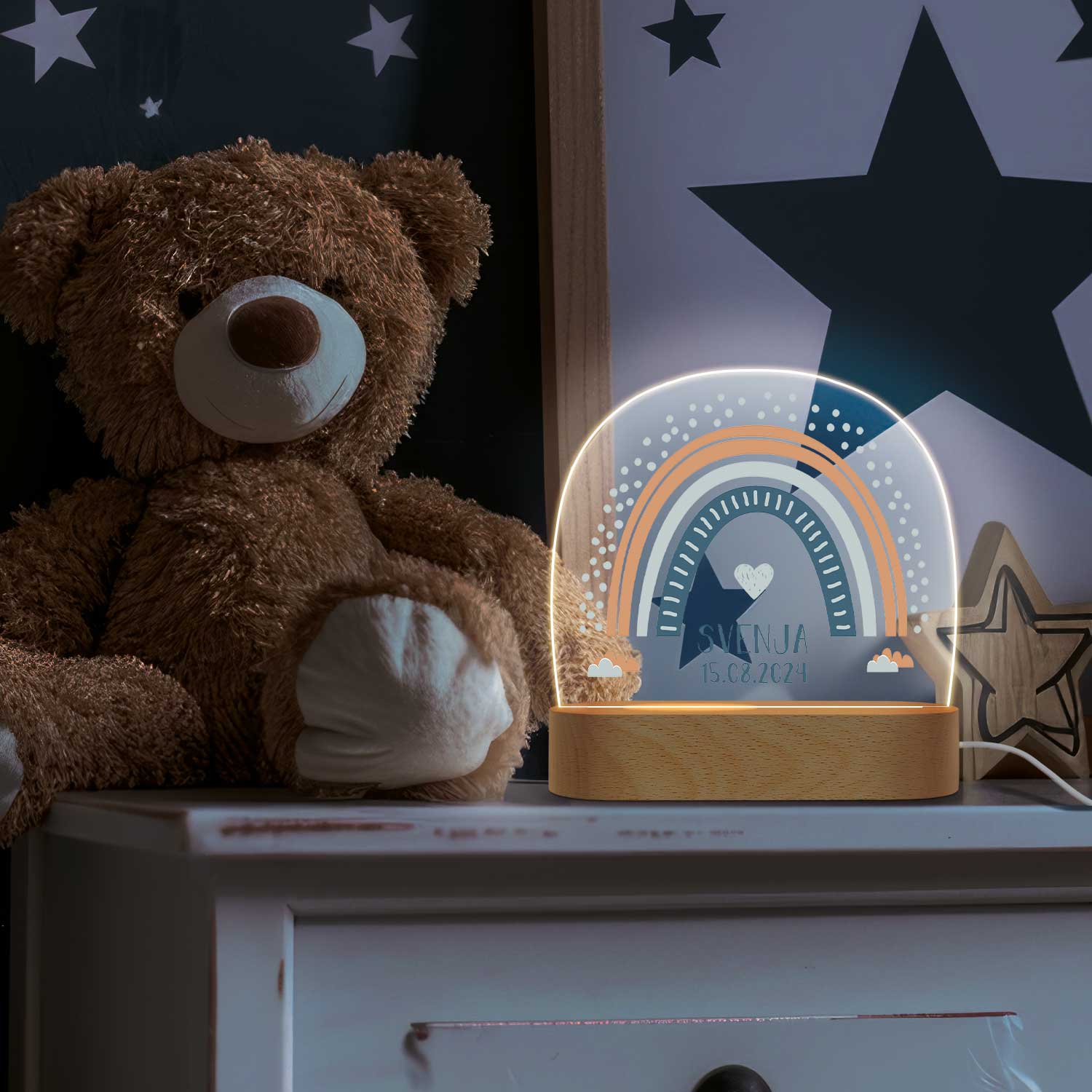 Kinder LED Nachtlicht mit Sockel aus Holz im Regenbogen Design