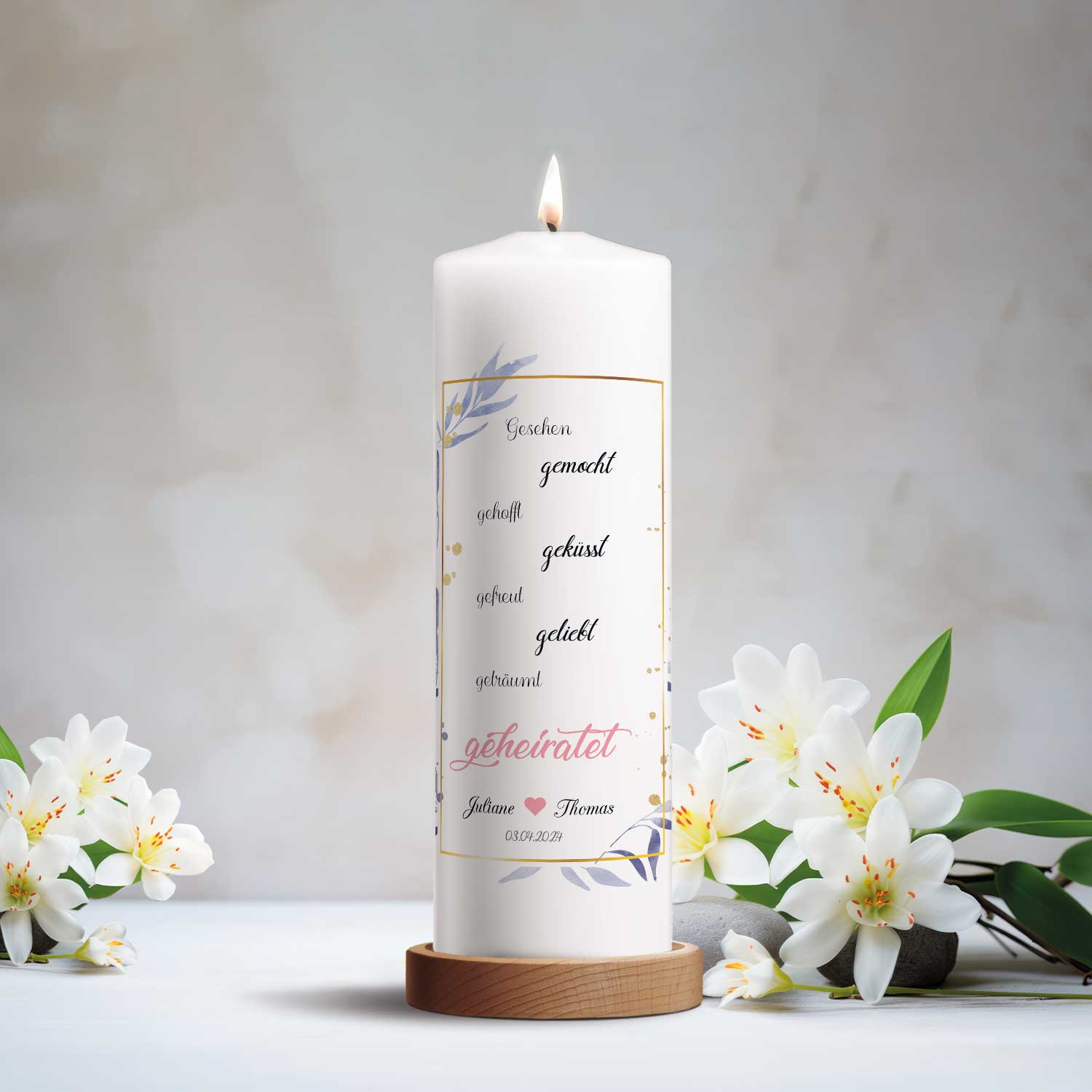 Große Kerze "Gesehen gemocht gehofft" Hochzeitskerze mit Namen, Datum und Wunschtext