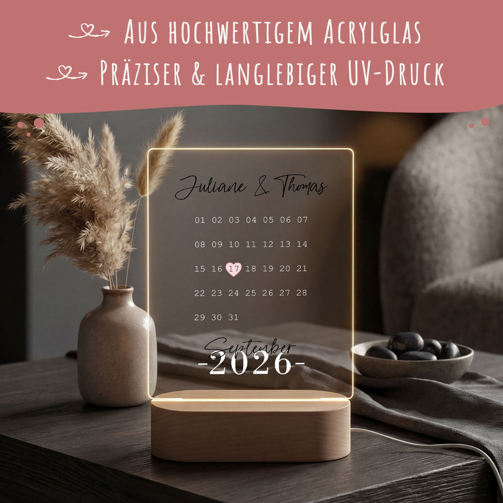 Beleuchtetes Acrylglas - Kalender - Personalisiertes Geschenk mit Namen & Datum
