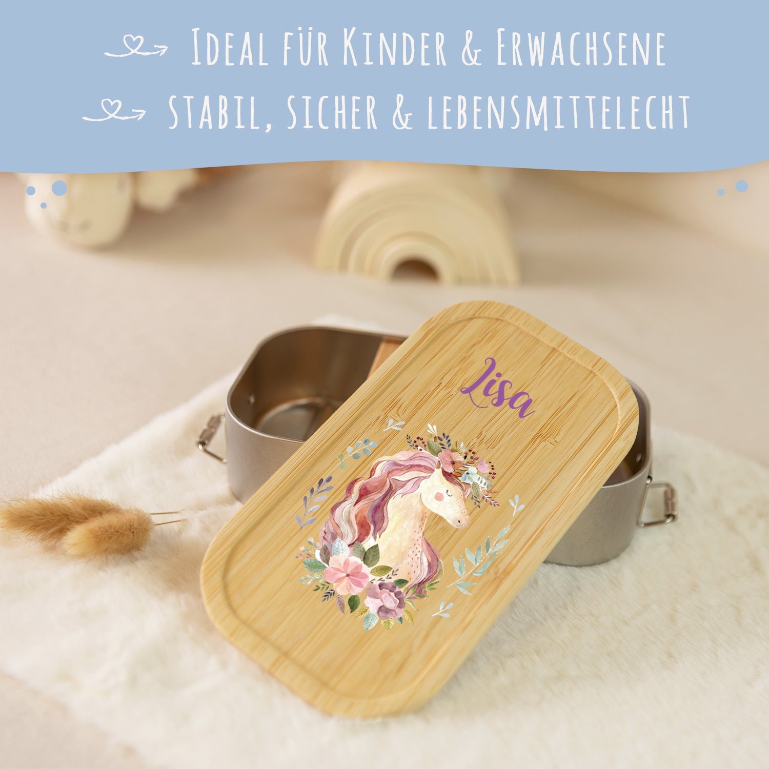 Brotdose mit Deckel für Kinder mit UV-Druck im "Einhorn V2" Design