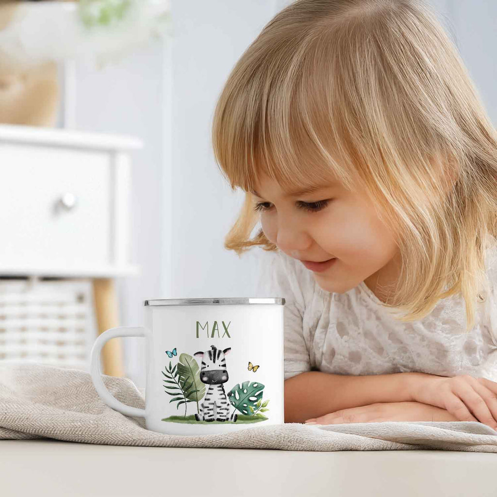 Emaille Tasse für Kinder - Personalisiert mit Namen - Tiergruppe Safari