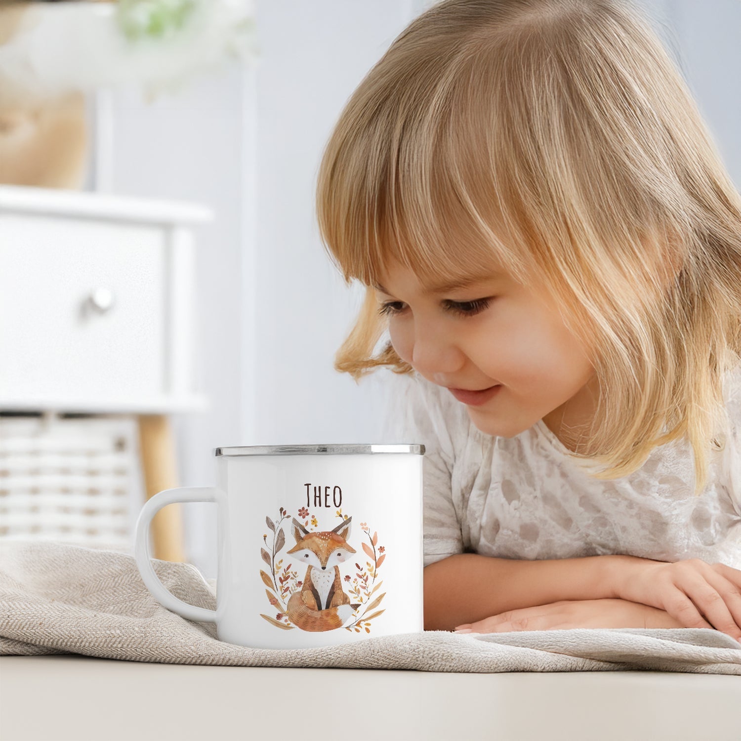 Emaille Tasse für Kinder - Waldtiere - Personalisiert mit Namen