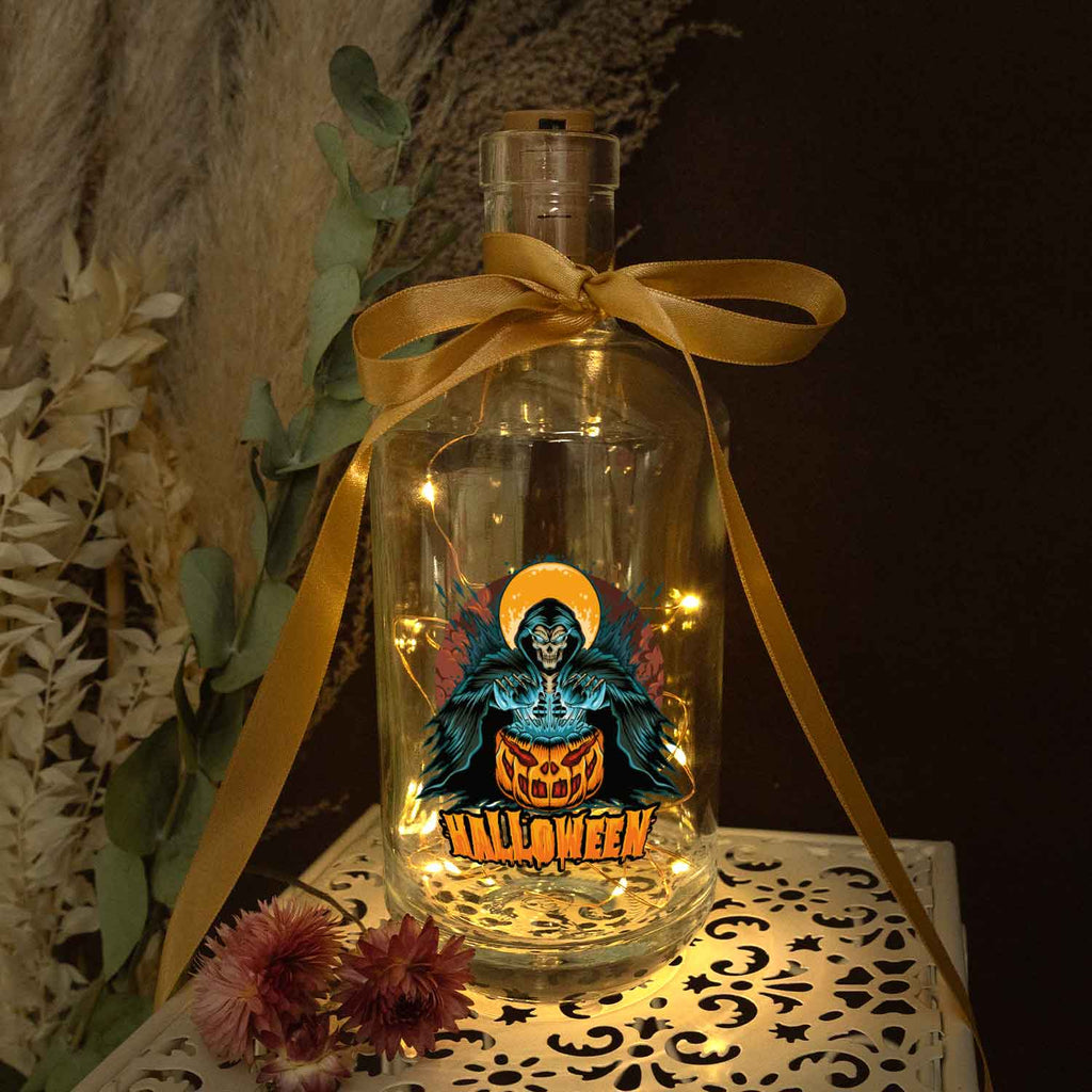 Flaschenlicht mit LED-Lichterkette im Halloween Reaper UV Design