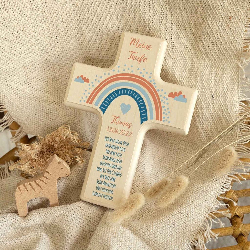 Personalisierbares Holzkreuz zur Taufe Konfirmation oder Kommunion - Regenbogen Design