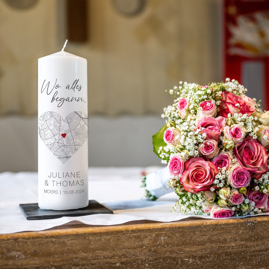 Große Kerze "Wo alles begann" - Personalisiertes Geschenk mit Namen, Datum, Ort & Wunschtext