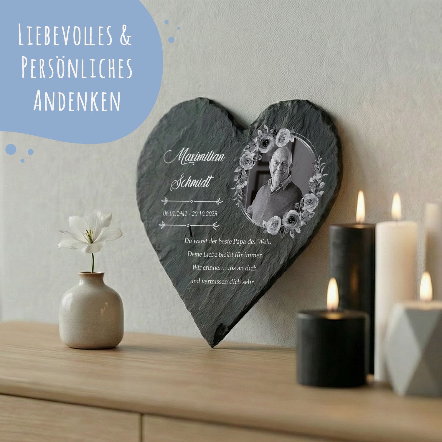 Bedrucktes Schieferherz - In Gedenken V1 - Personalisiertes Geschenk