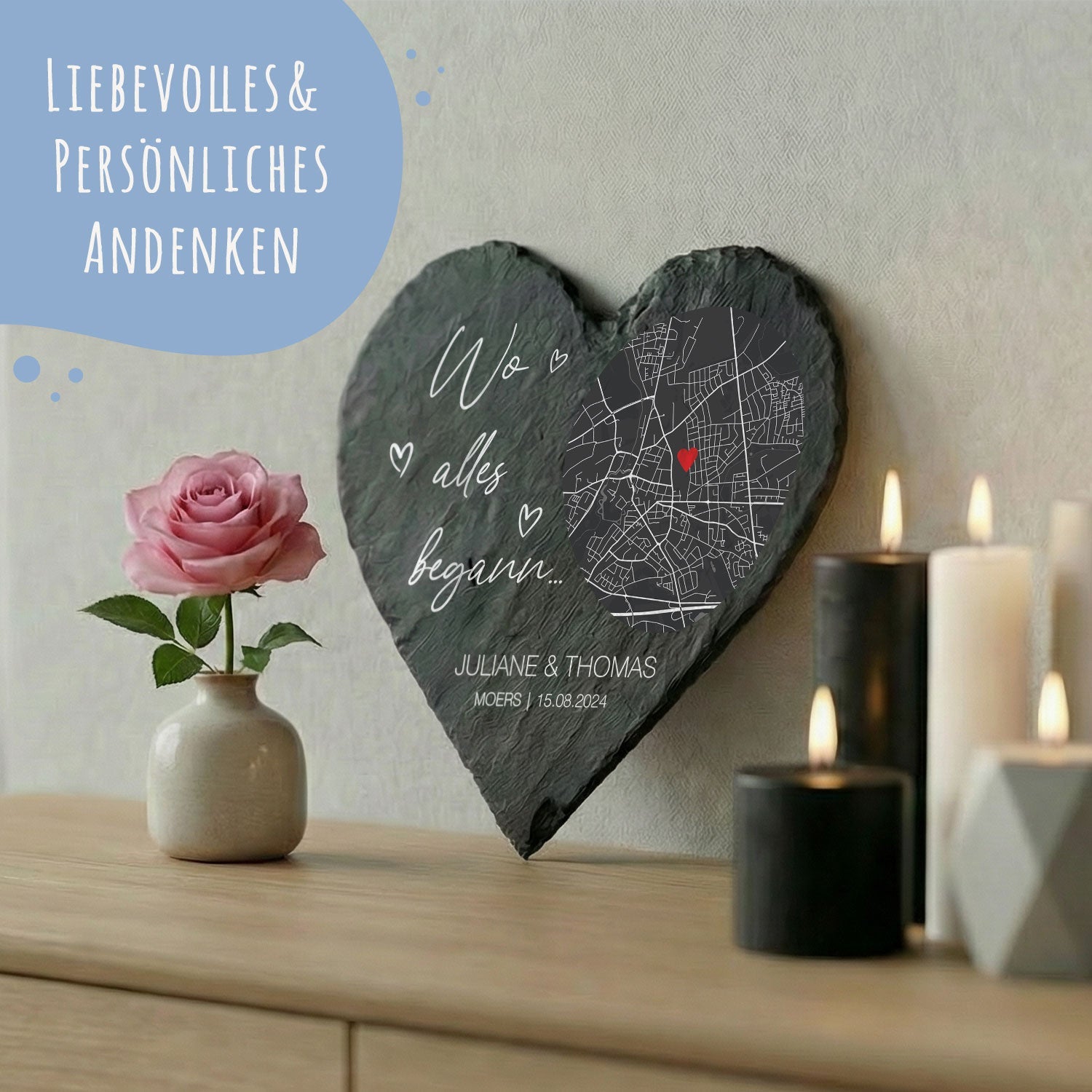 Bedrucktes Schieferherz - Wo alles begann - Personalisiertes Geschenk