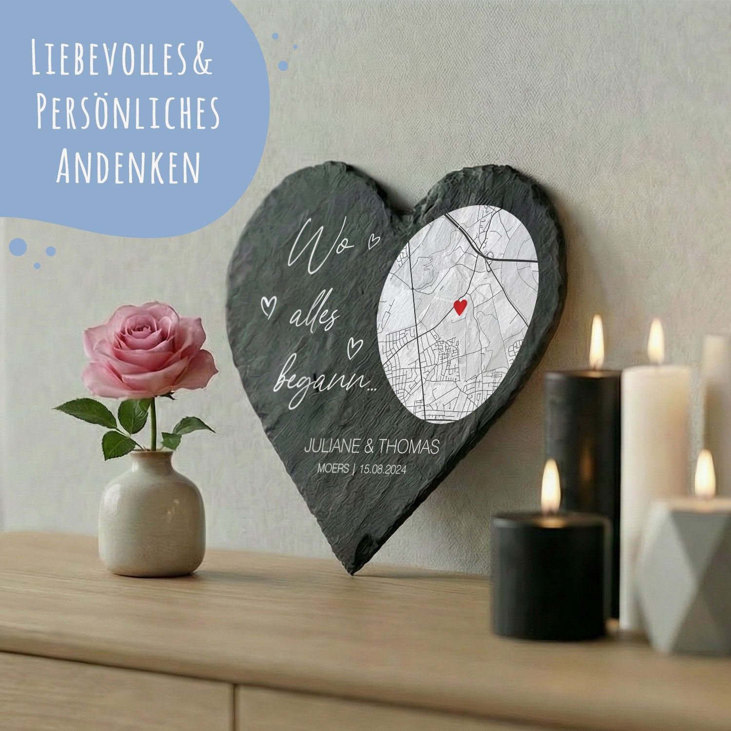Bedrucktes Schieferherz - Wo alles begann - Personalisiertes Geschenk
