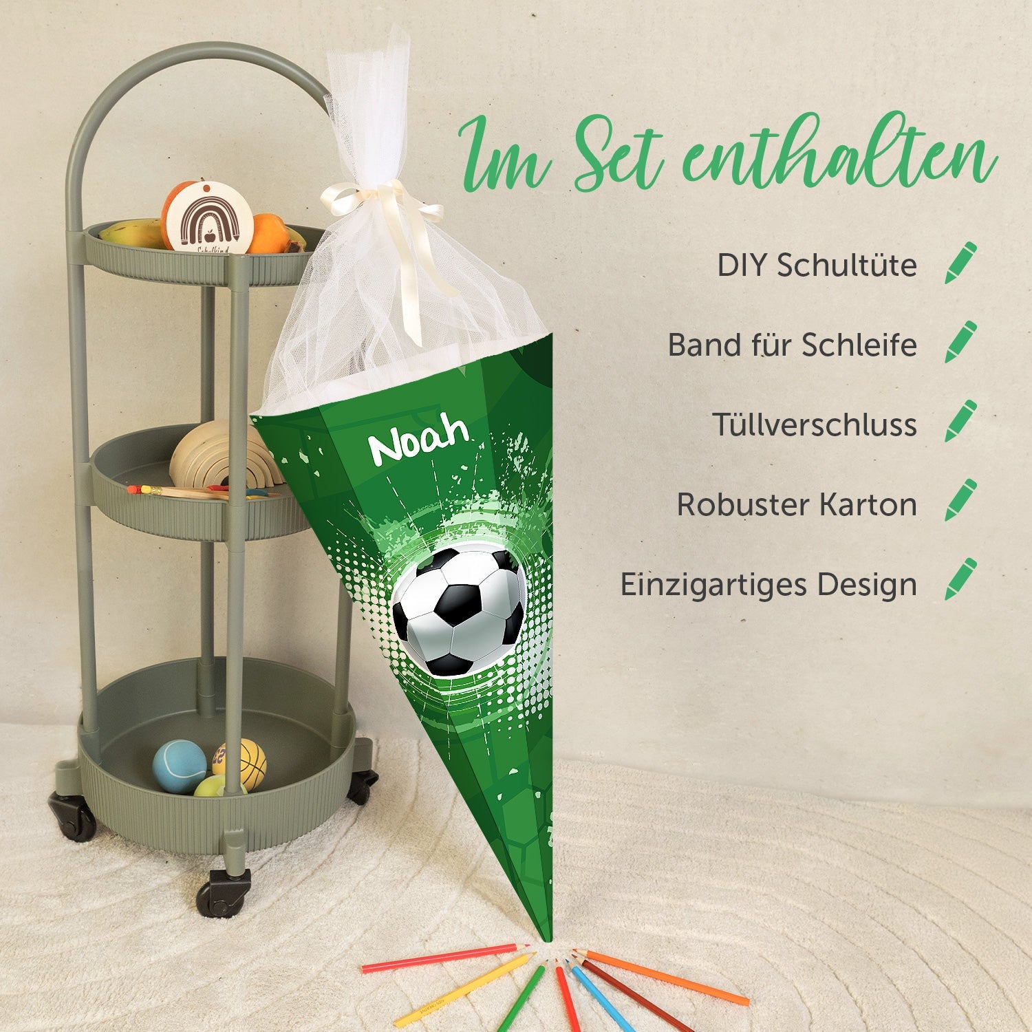 Bedruckte Schultüte mit Namen - Fußball
