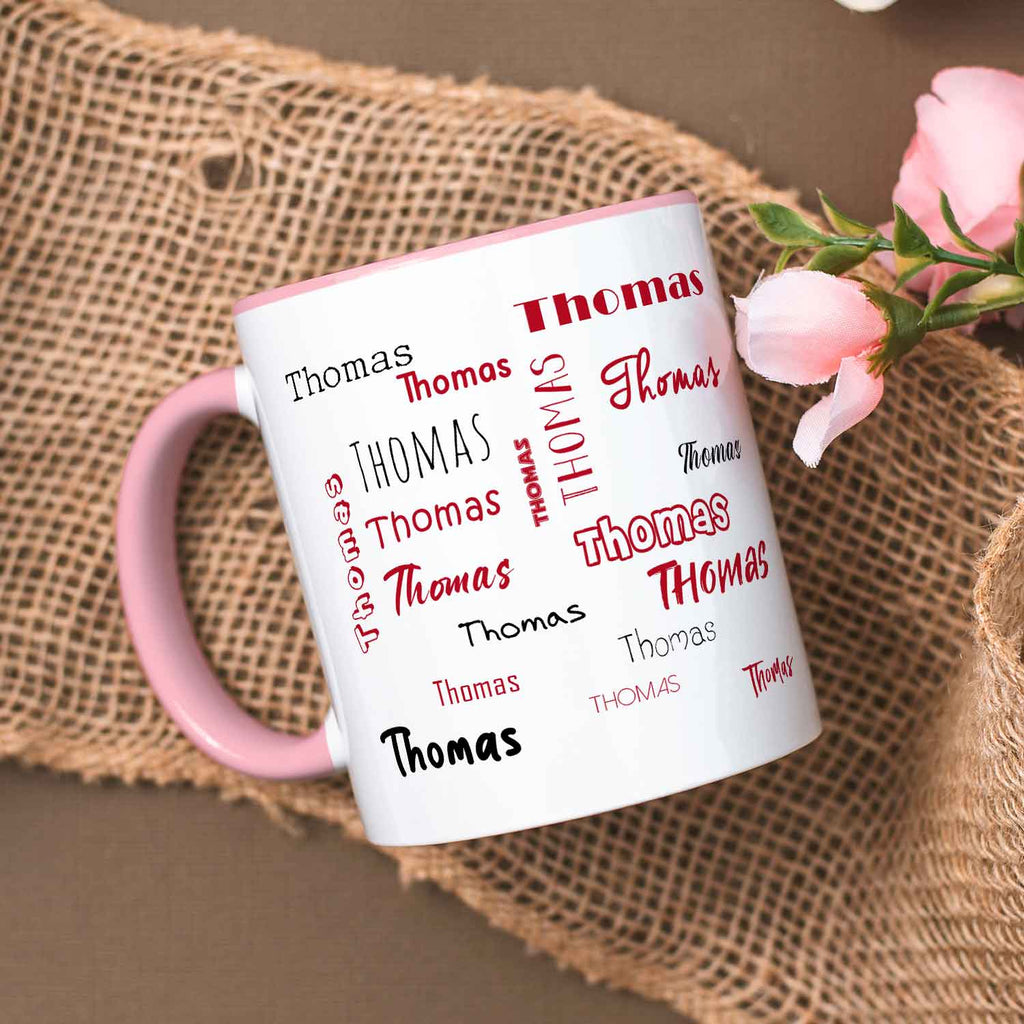 Bedruckte Tasse mit Namen in verschiedenen Schriftarten